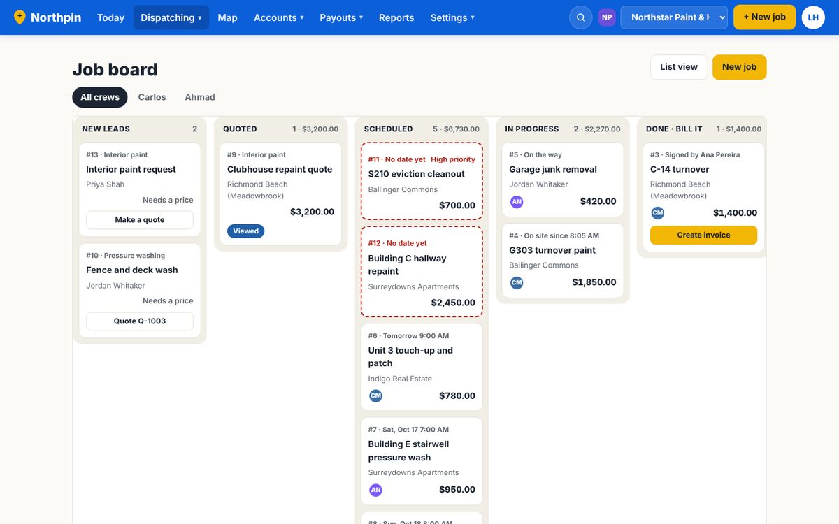 Job board with columns for new leads, quoted, scheduled, in progress and done