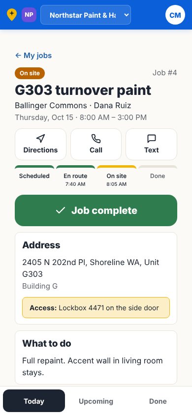 Crew app job screen: address, lockbox code, what to do, and a Job complete button