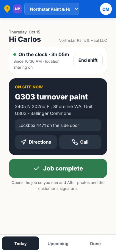 Crew app on a phone showing the job the crew member is on now, with Directions, Call and Job complete buttons