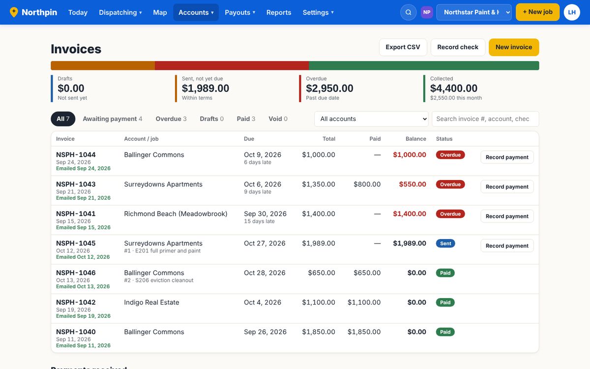 Invoices screen with totals for drafts, not yet due, overdue and collected, and a list of invoices with status